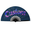 A dark blue folding fan with purple and gold text that reads Custom