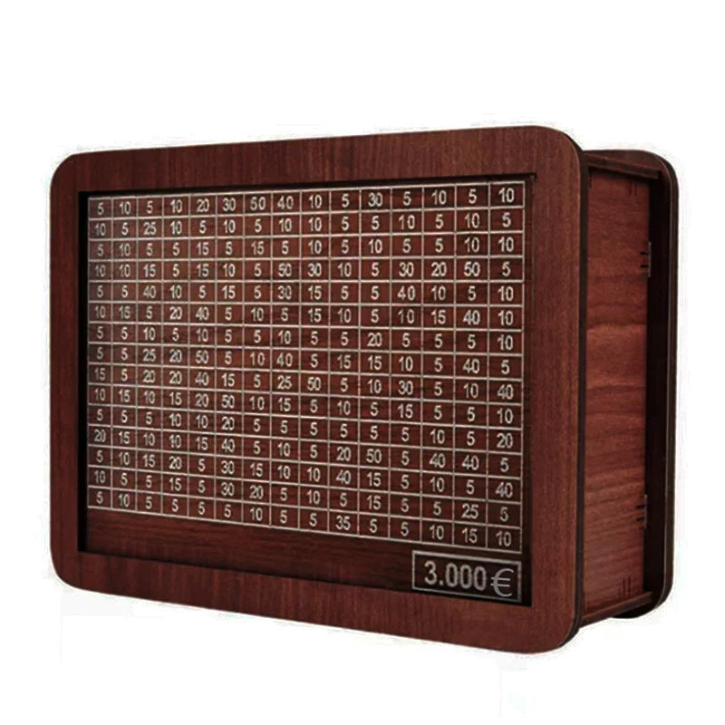 A wooden piggy bank with a savings goal tracker showing various amounts and progress bars.