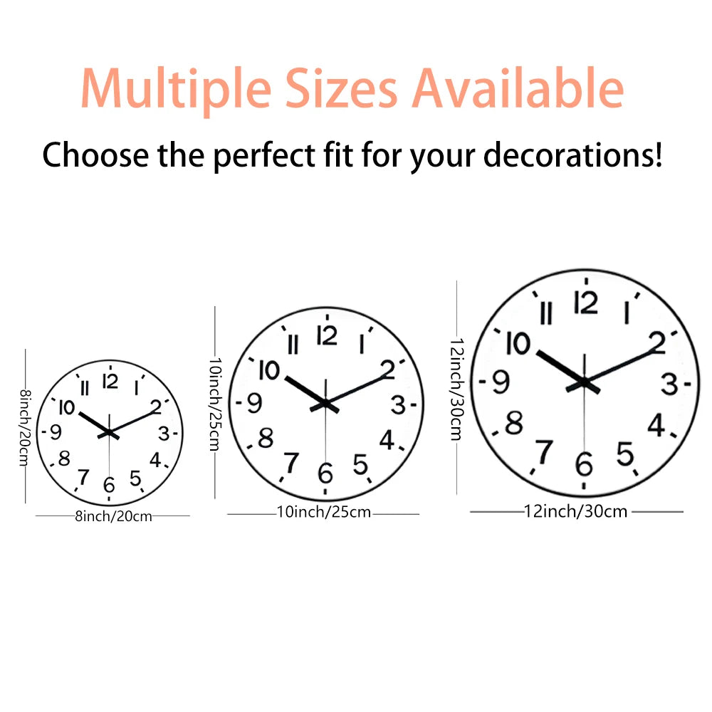 Multiple sizes of a minimalist round wall clock with glowing hands available for decorations.