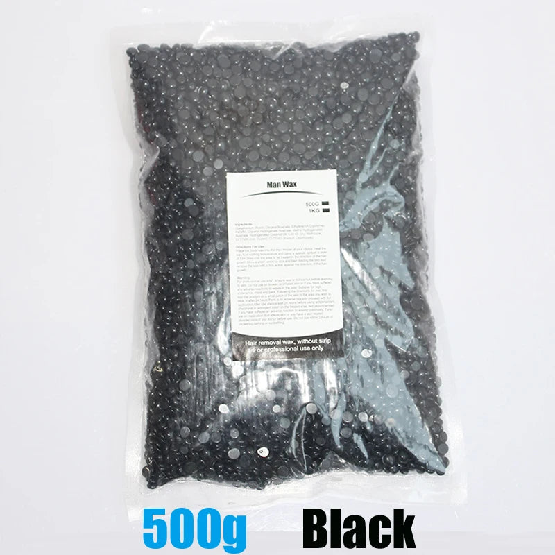 A black bag of 500g Man Wax used for hair removal is shown.