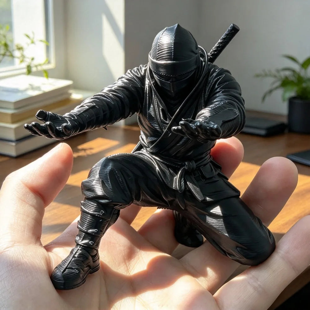 A dark black 3D ninja figure is held in a person's hand, demonstrating the desk organizer.