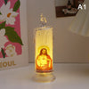 A glass votive candle with a flame-like LED light depicting Jesus Christ on a yellow background.