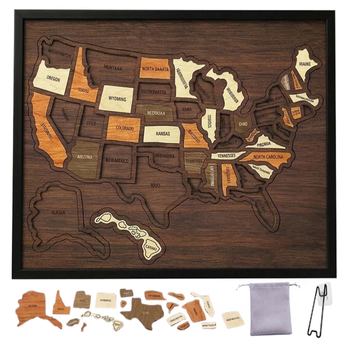 Holz-USA-Landkarte Puzzle mit Bundesstaaten und Regionen, begleitet von verschiedenen Holzstickern.