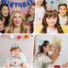 A collage of children and a woman wearing pearl crown cake toppers celebrating birthdays.