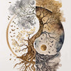 Watercolor painting depicting a stylized tree of life merging with a Buddha silhouette, featuring earthy tones and subtle tex