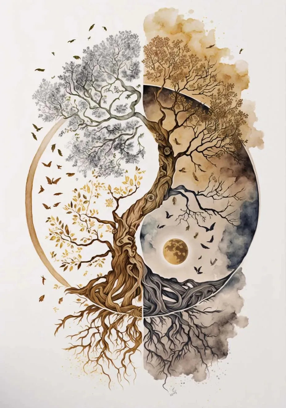 Watercolor painting depicting a stylized tree of life merging with a Buddha silhouette, featuring earthy tones and subtle tex
