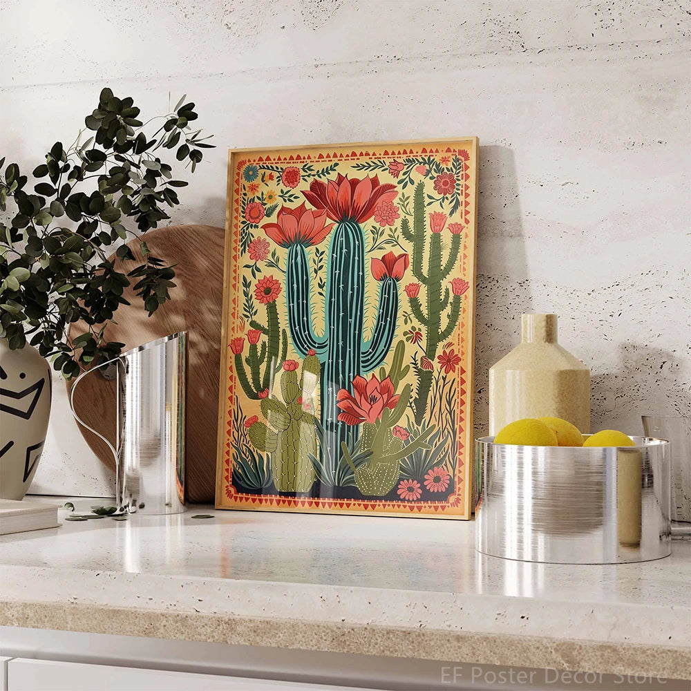 A vertical poster featuring a colorful illustration of a cactus and floral elements on a light-colored wall.