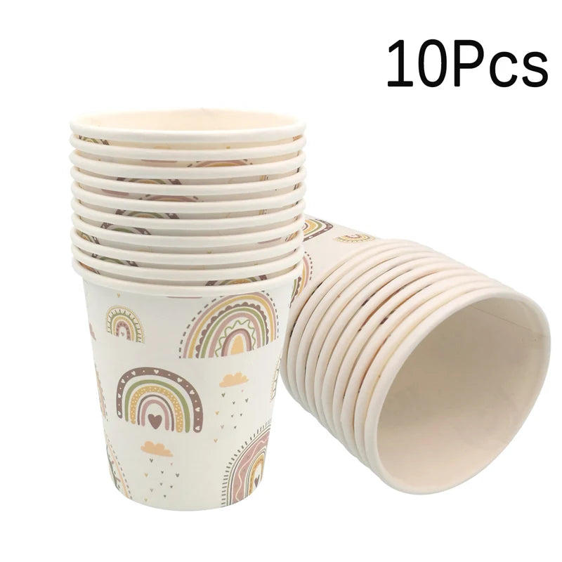 A stack of 10 disposable party cups featuring a rainbow and bohemian design.