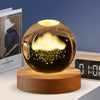 A dark amber crystal ball with a glowing yellow light sits on a wooden base.
