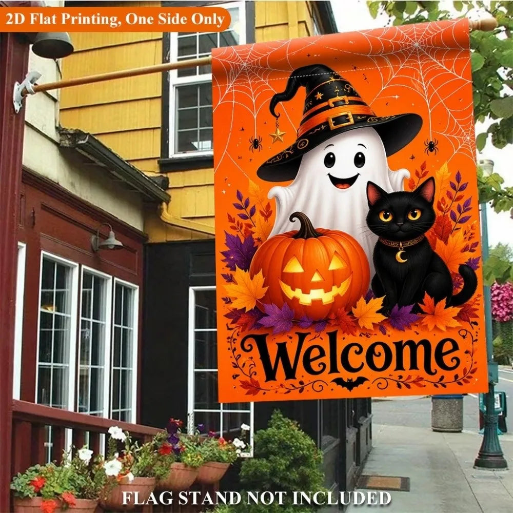 An orange fabric flag featuring a white ghost and a black cat in a Halloween theme for decoration.
