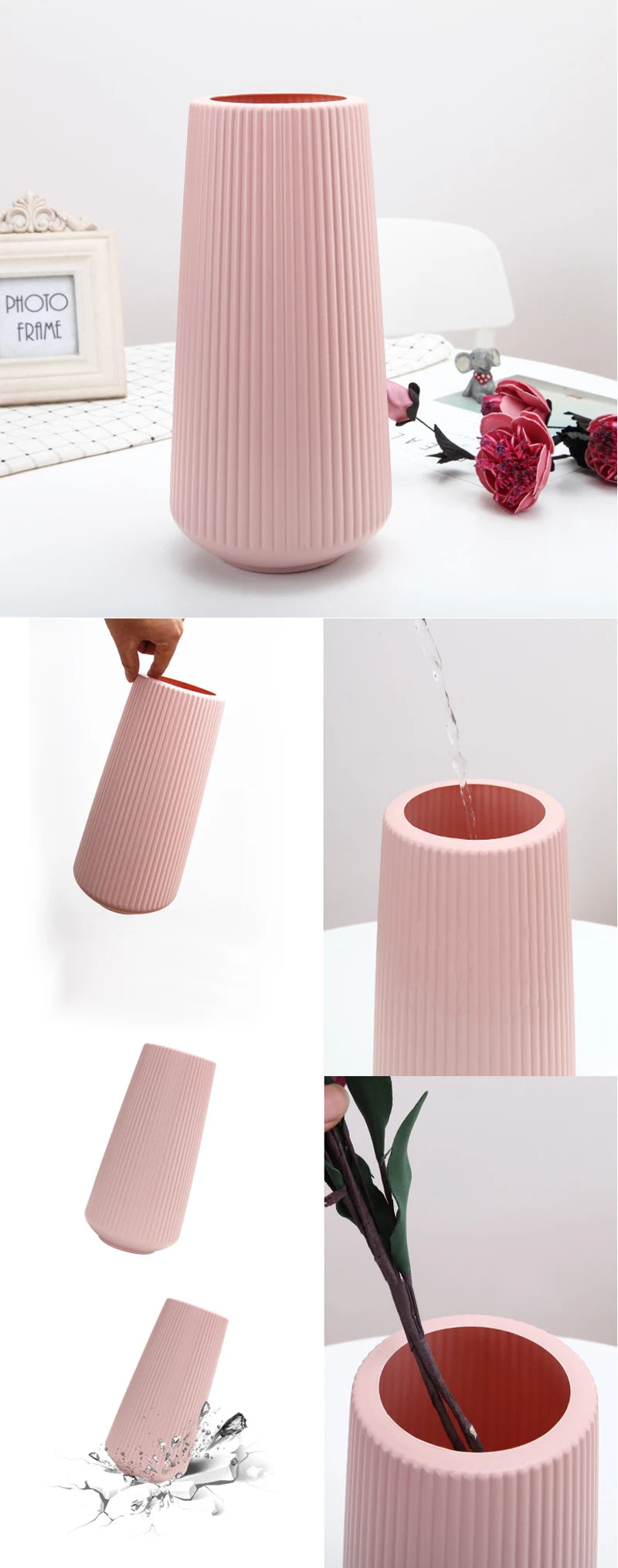 A pink ribbed ceramic flower vase shown in various angles on a white surface.