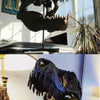 A dark resin sculpture of a realistic dinosaur skull displayed in a bright room.