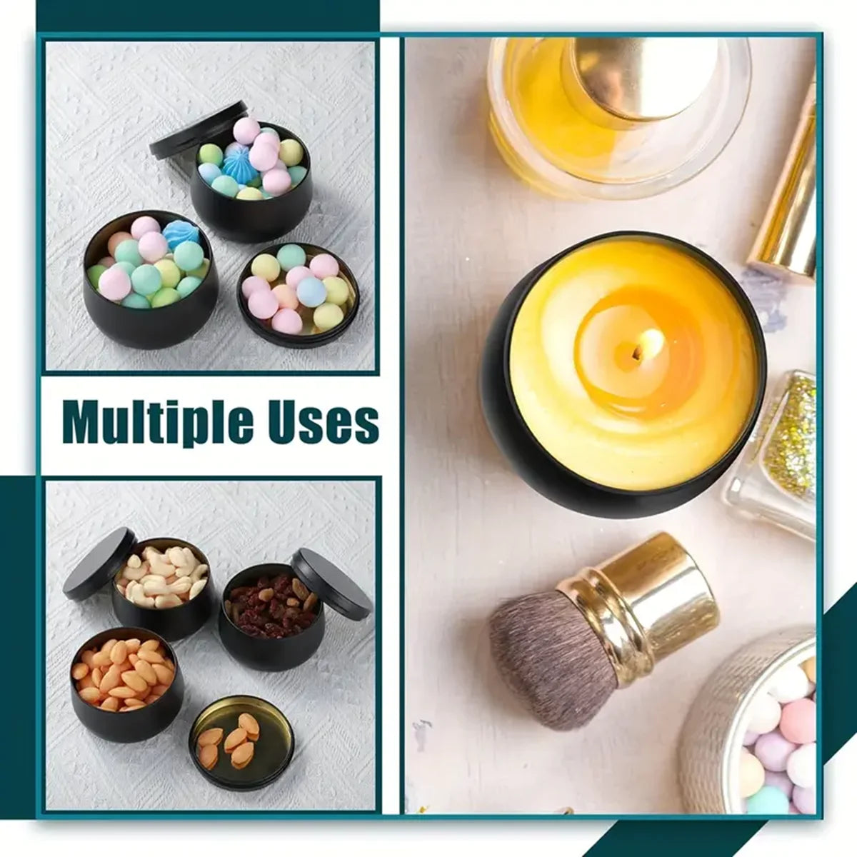 A set of metal candle tins with lids filled with colorful wax or beads, displayed alongside a lit candle and a brush.