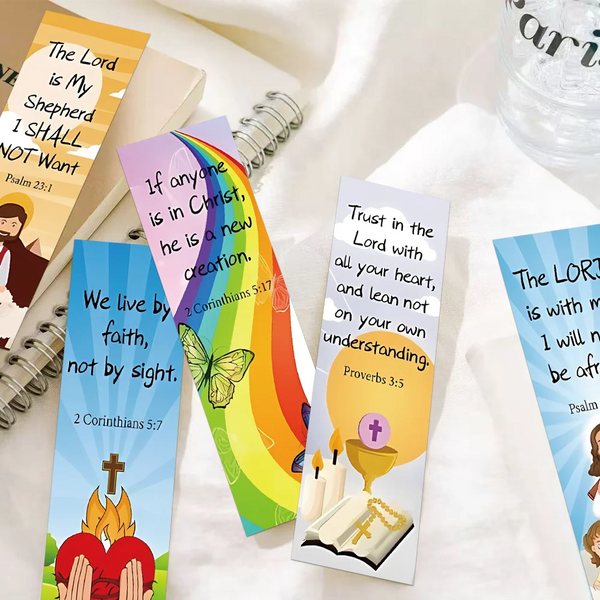 A set of three colorful inspirational Bible verse bookmarks featuring scripture verses and religious symbols