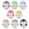 A set of seven handcrafted crochet penguin plush toys, each featuring an encouraging card.