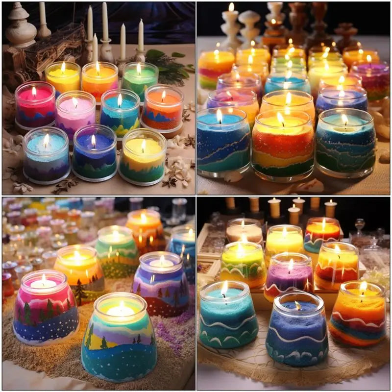 A collection of colorful handmade candles in various glass jars and wax colors