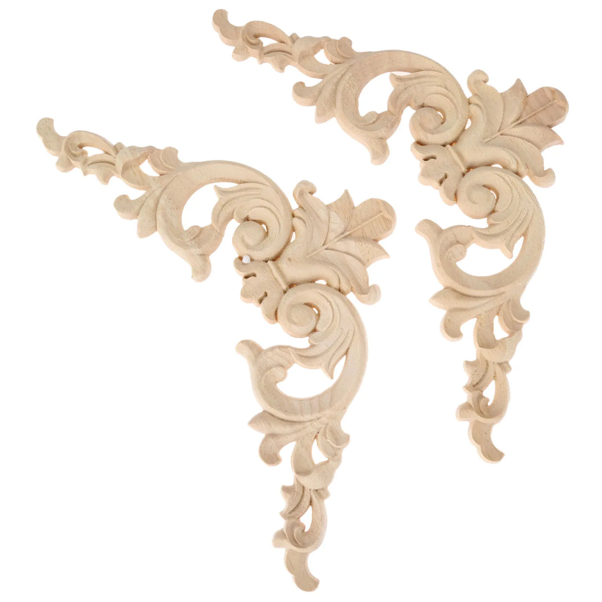 A set of two light oak wood corner carvings featuring intricate European branch and crown decorative motifs.