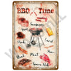 A vintage-style metal tin sign listing various BBQ meats like sausages, beef, pork, lamb, steak, and ribs.