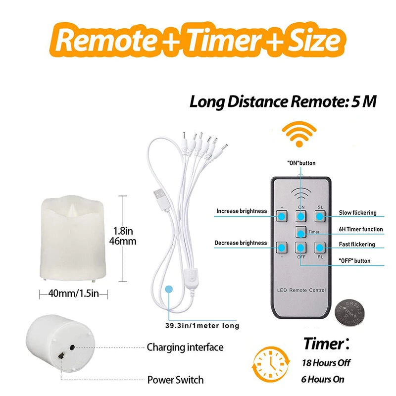Rechargeable LED tea light candles with a remote control and timer for long distance use