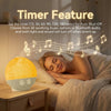 A woman is sleeping in bed next to a digital alarm clock with a glowing night light, illustrating the timer feature.