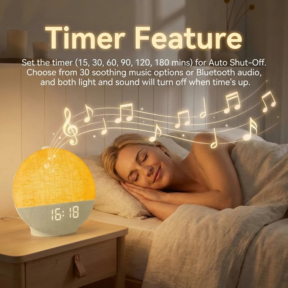 A woman is sleeping in bed next to a digital alarm clock with a glowing night light, illustrating the timer feature.