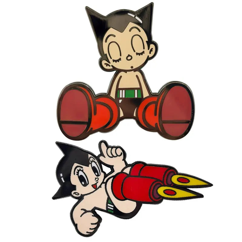 An enamel pin set featuring an animated character with black hair and a light skin tone.