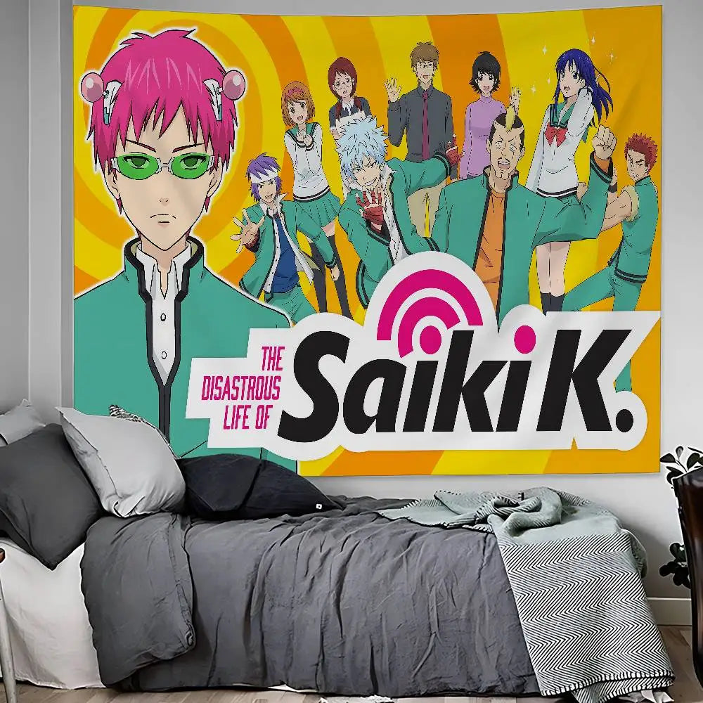 Anime tapestry wall hanging featuring characters from The Disastrous Life of Saiki K.