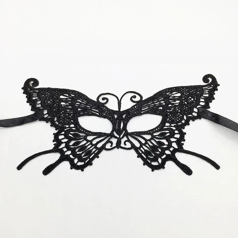 Elegant black lace half face mask with intricate butterfly wings for masquerade or costume