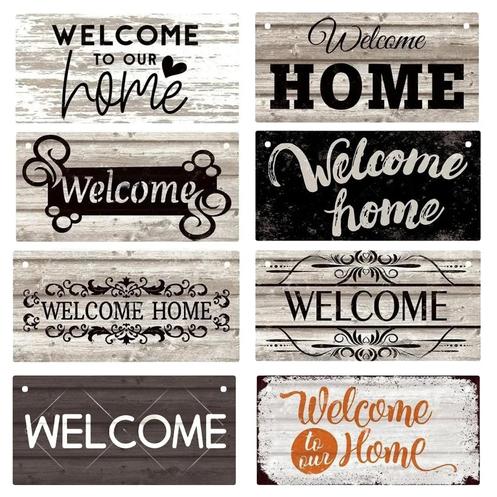 A collection of rustic wooden hanging signs with various typography welcoming people home.