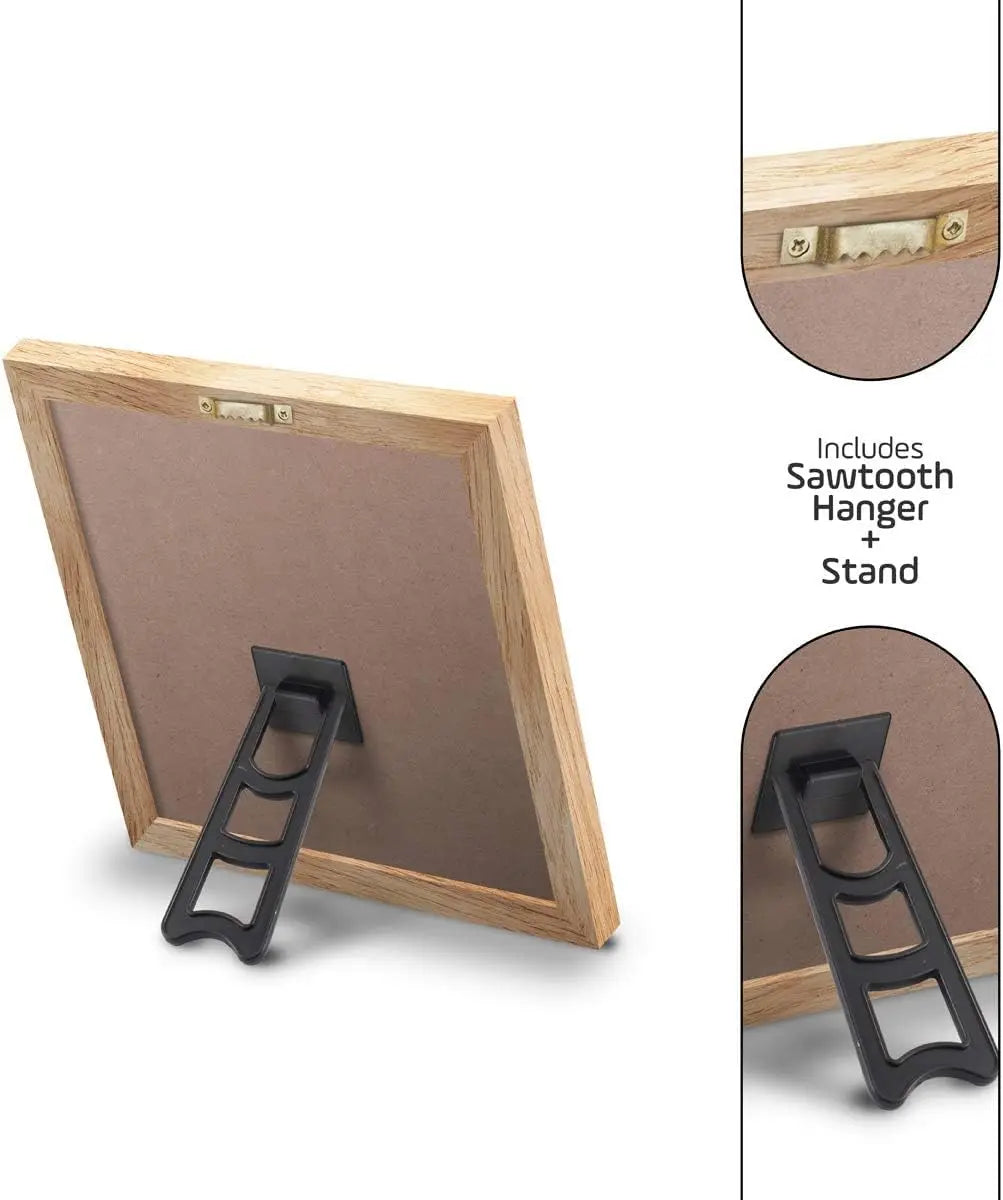 A wooden letter board with a pink felt surface and white letters, shown alongside the sawtooth hanger stand.
