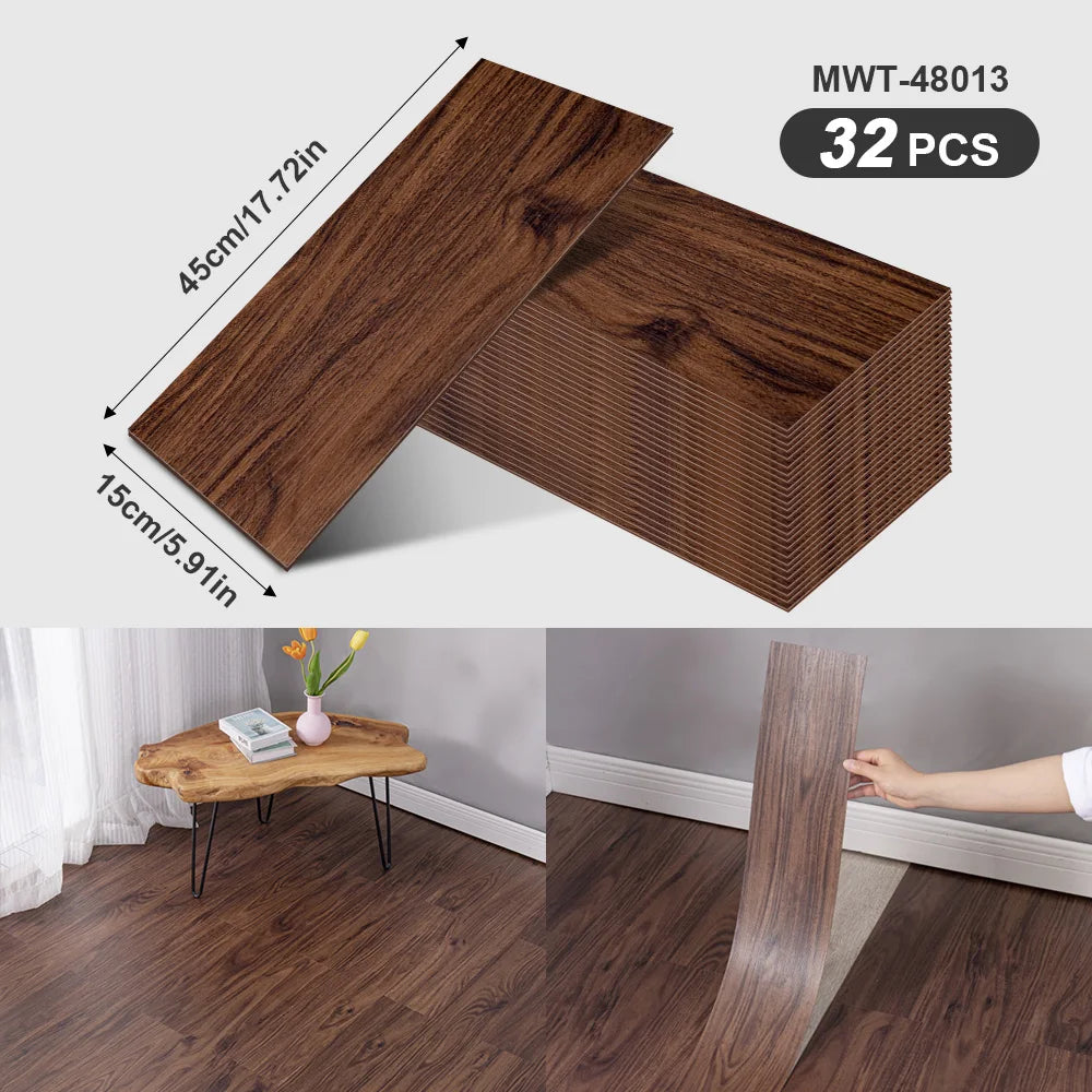 A package of 32 wood grain peel-and-stick floor and wall stickers showing the dimensions of the product.
