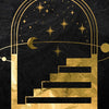 Gold-toned celestial design featuring a crescent moon, stars, and ascending steps on a dark background.