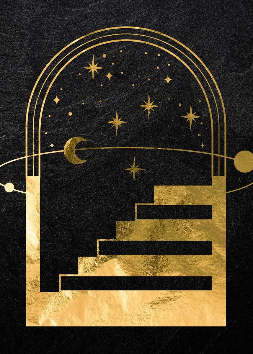 Gold-toned celestial design featuring a crescent moon, stars, and ascending steps on a dark background.