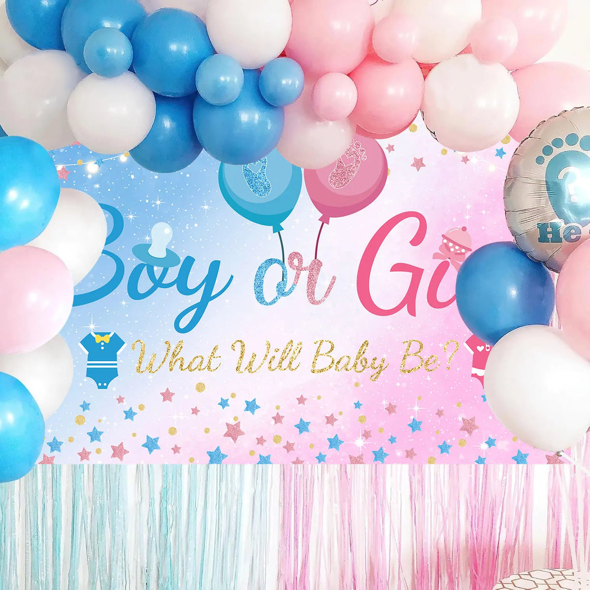 Rosa und blaues Ballon-Girlanden-Hintergrund für eine Gender-Reveal-Party mit Ballons und Sternen