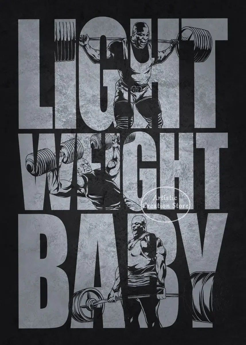 A black and white graphic print featuring muscular figures lifting weights, titled Light Weight Baby.