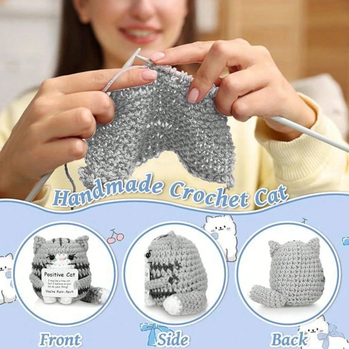 Handmade crochet cat plush toy shown from the front, side, and back views.