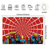 Red spider web banner featuring a city skyline silhouette and various party icons for birthday celebrations
