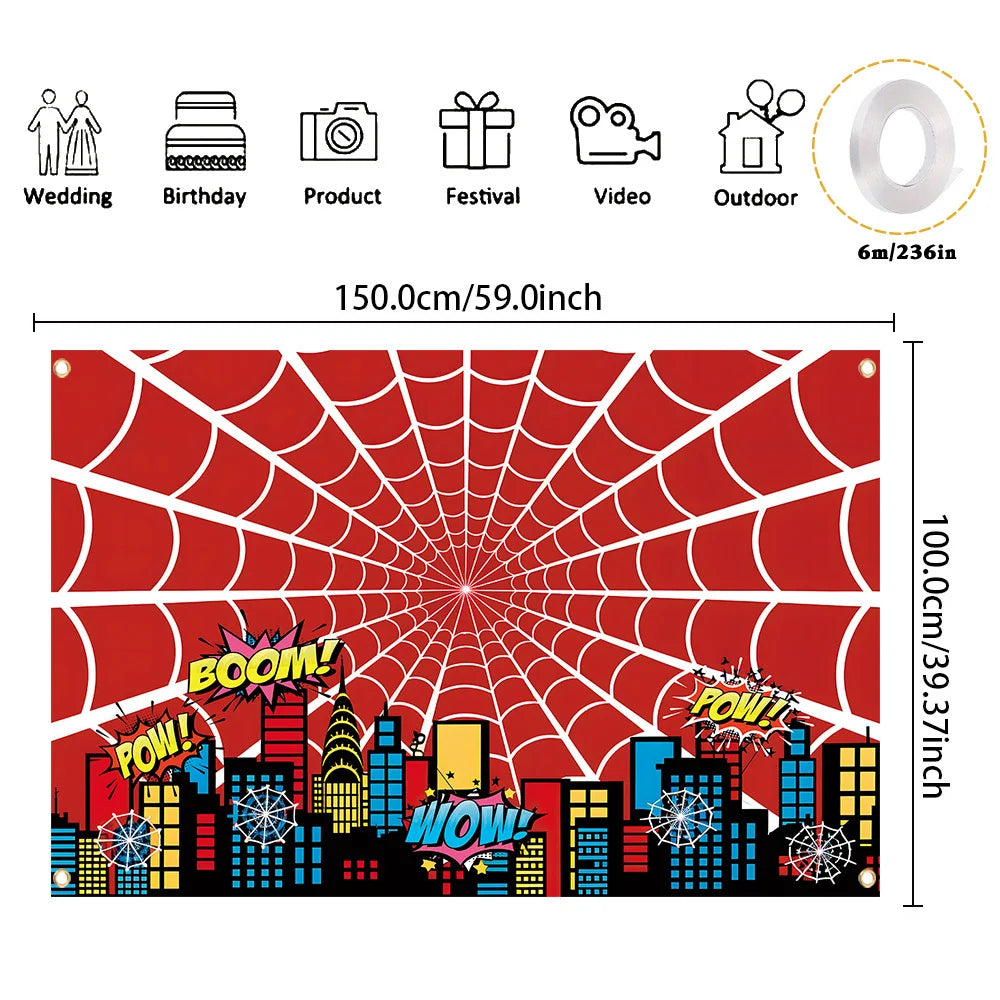 Red spider web banner featuring a city skyline silhouette and various party icons for birthday celebrations