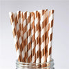A bundle of 100 paper drinking straws featuring a gold and white striped pattern.