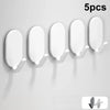 Five white self-adhesive wall hooks displayed in a row against a light gray background.