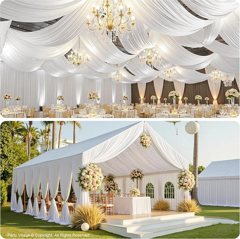 Elegant white draped fabric backdrop for an outdoor event featuring chandeliers and floral arrangements.