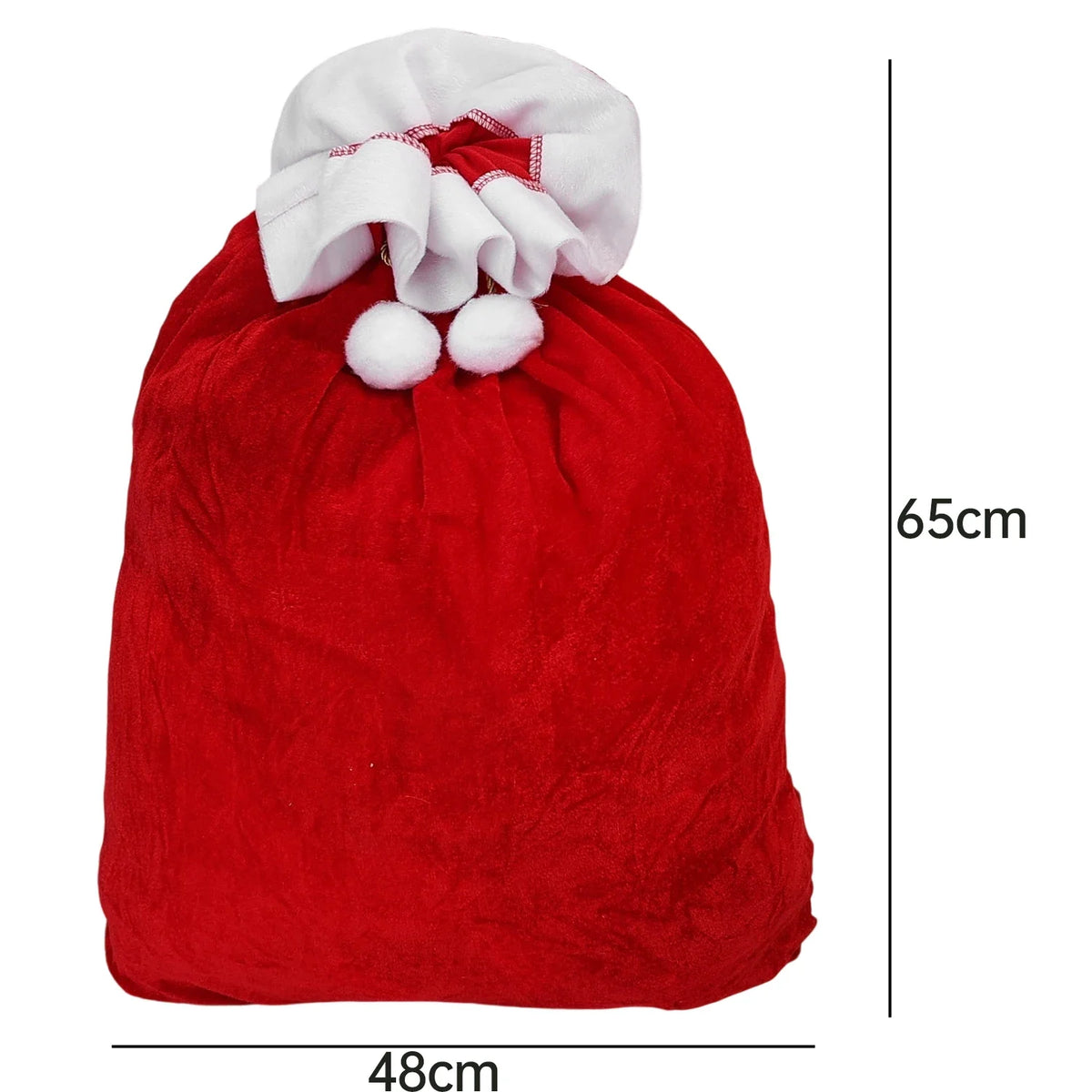 A festive red velvet Santa Claus gift bag with a white trim and pom-poms.