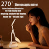 A woman uses a 270 degree stereoscopic mirror to illuminate her makeup look.