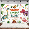 A colorful cartoon dinosaur birthday party backdrop featuring a T-Rex and a long-necked dinosaur in a Jurassic woodland theme