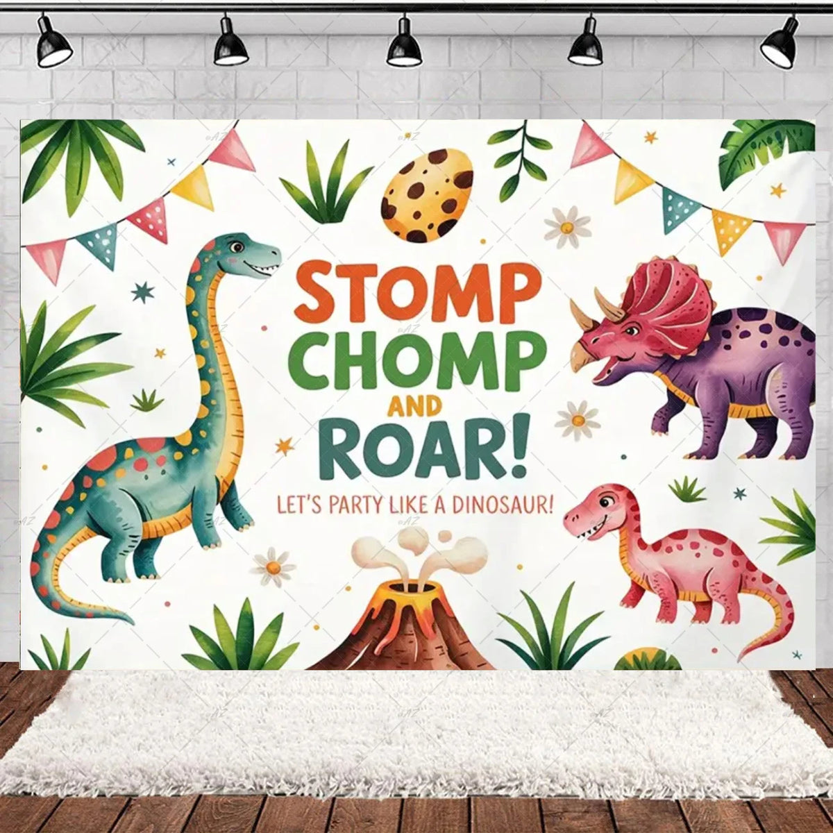 A colorful cartoon dinosaur birthday party backdrop featuring a T-Rex and a long-necked dinosaur in a Jurassic woodland theme
