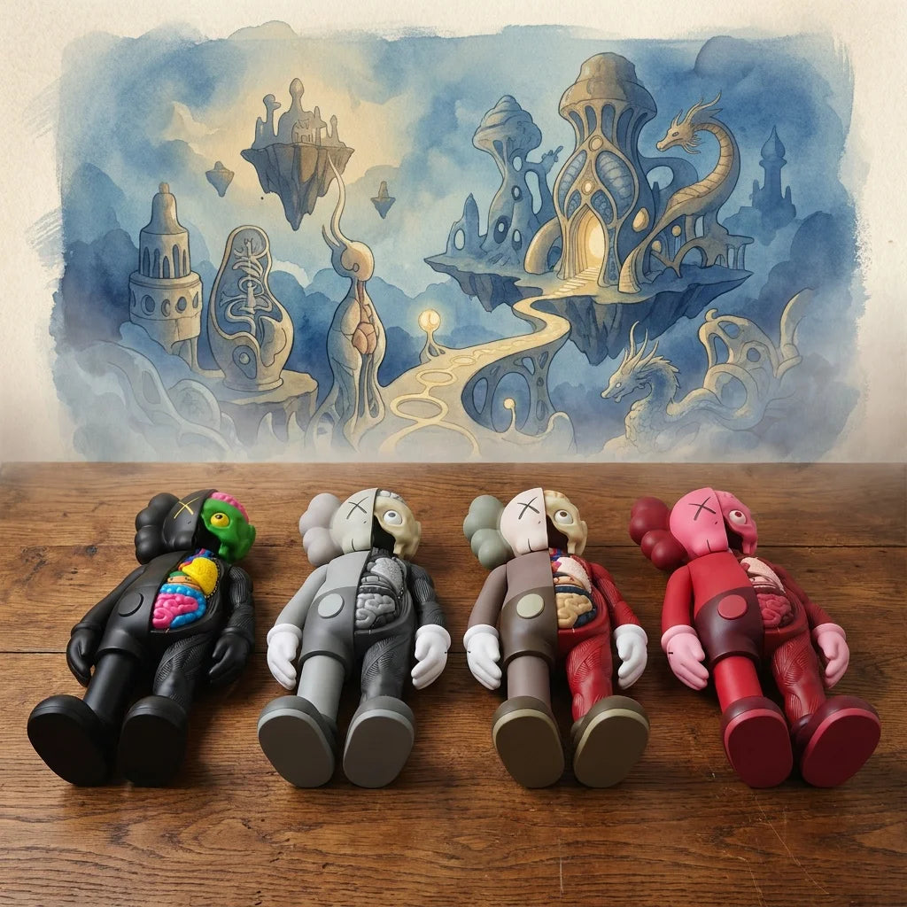 A set of four Kawaii bear figurines in various colors and poses displayed against a watercolor background.