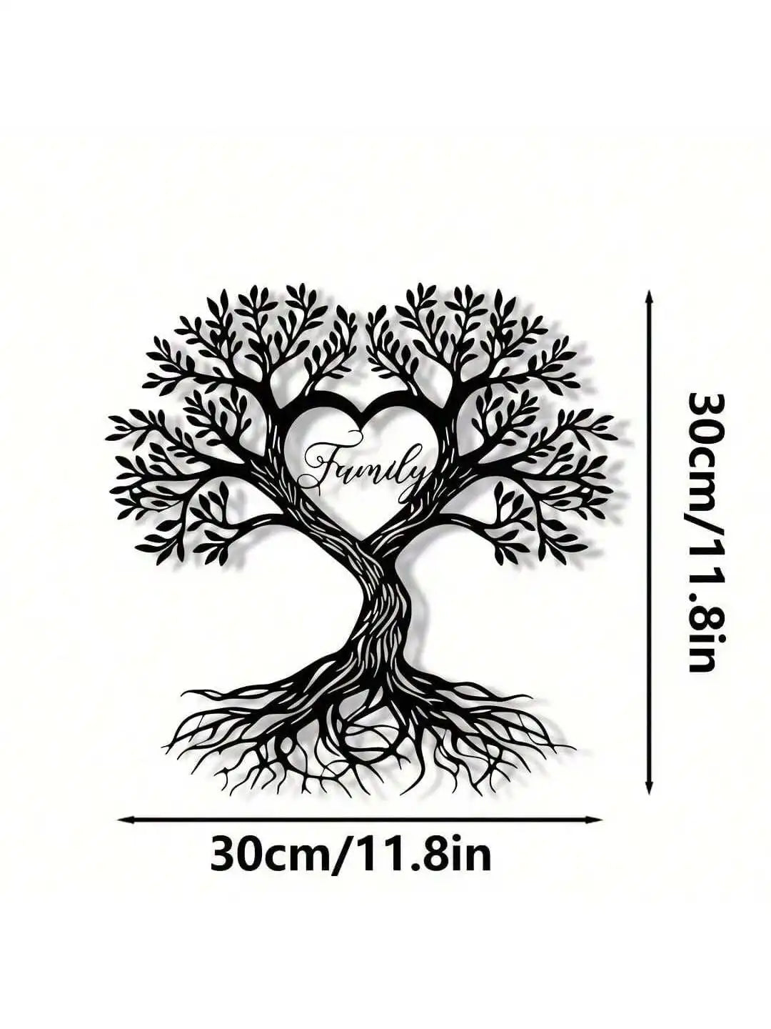 Black metal wall decor shaped like a family tree with a heart cutout and roots