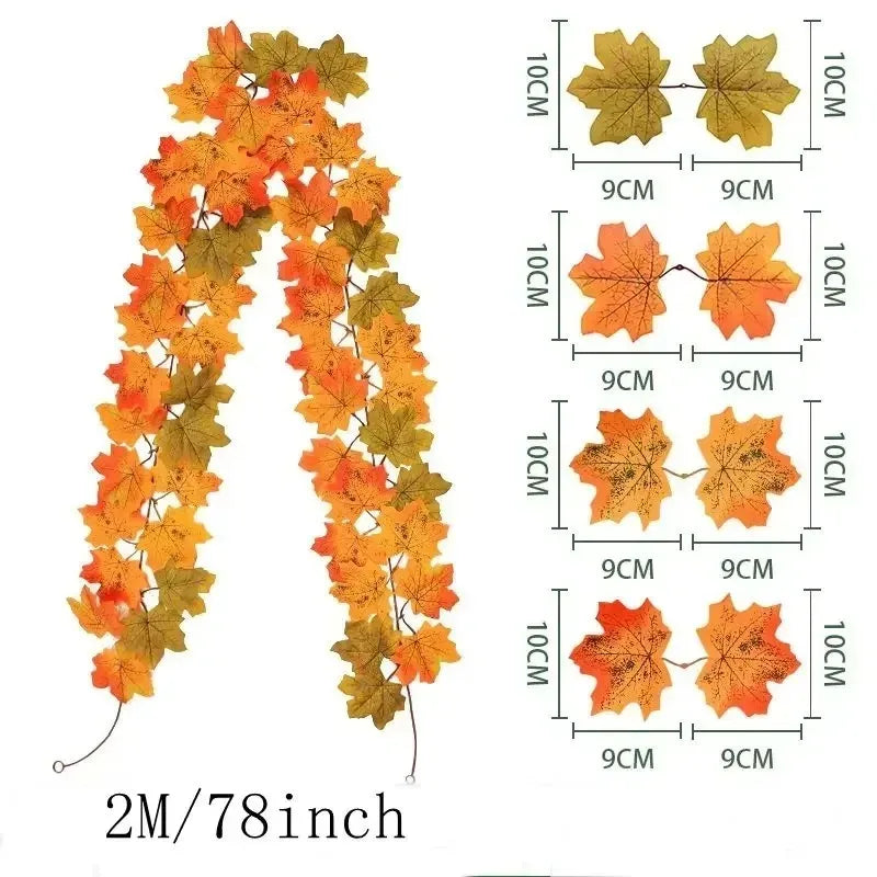 A long artificial vine featuring orange and yellow maple leaves, displayed alongside leaf samples.