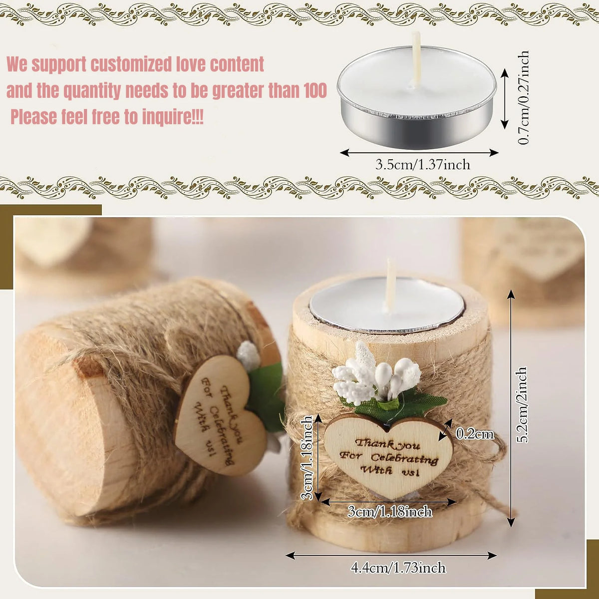 Wooden Tealight Candle Holders with Heart-Shaped Tags — Wedding & Baby Shower Favors