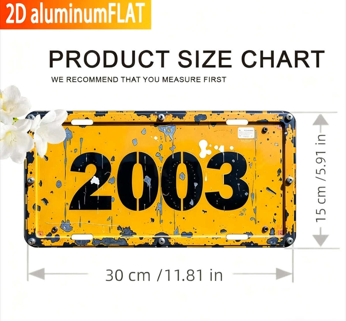 A yellow metal sign with the number 2003 painted on it, shown with dimension markings.